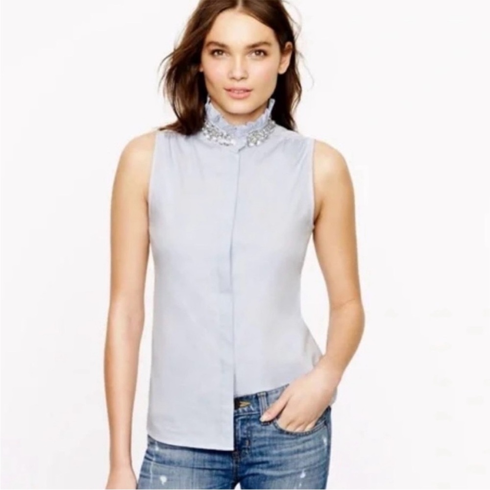 J.Crew Chambray Jeweled Ruffle Collar Oxford‎ Blouse Tilda Rhinestone Size 0